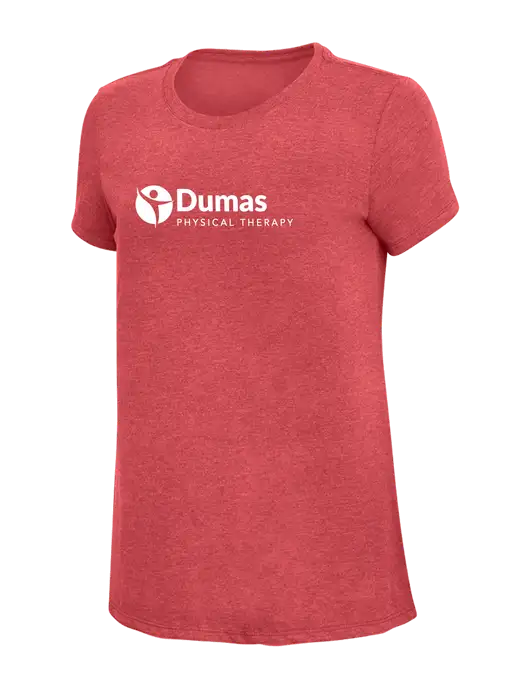 Womens Simply Soft Red Frost 4.5oz Poly/Combed Ring Spun Cotton T-Shirt w/Dumas Logo
