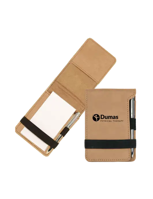 Tan Leatherette Mini Notepad with Pen,  3.25 x 4.75 w/Dumas Logo
