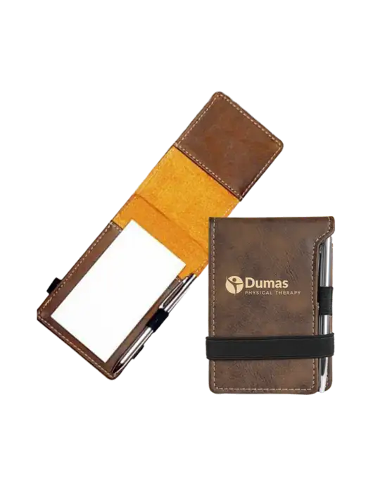 Rustic Leatherette Mini Notepad w/Pen, 3.25 x 4.75 w/Dumas Logo