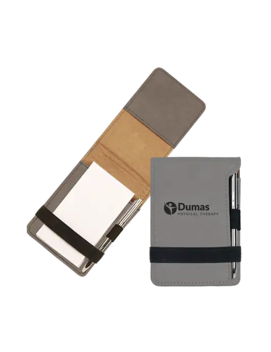 Grey Leatherette Mini Notepad with Pen,  3.25 x 4.75 w/Dumas Logo