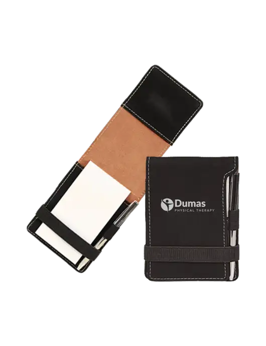 Black Leatherette Mini Notepad with Pen,  3.25 x 4.75 w/Dumas Logo