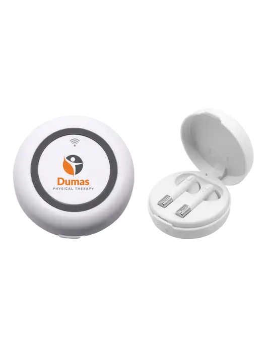 Harmony White Wireless Earbuds and Charging Pad w/Dumas Logo
