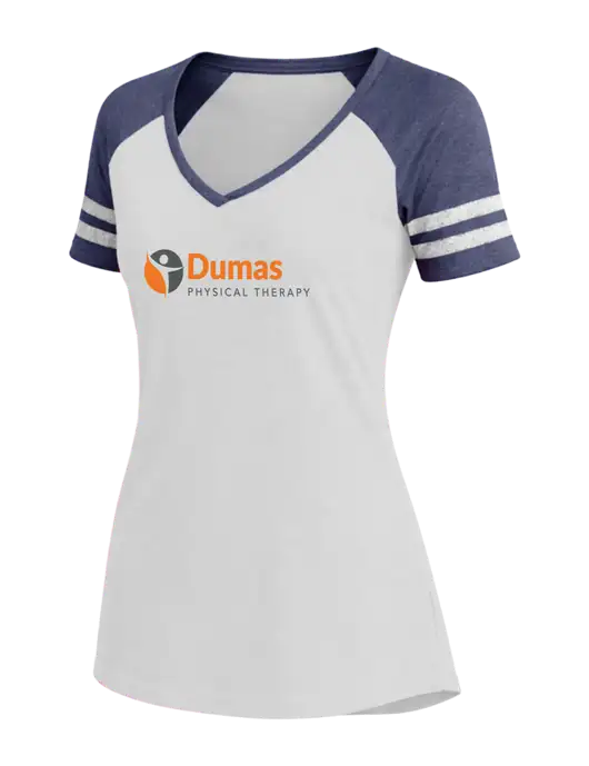 Womens White/Navy Heather V-Neck Game Tee w/Dumas Logo