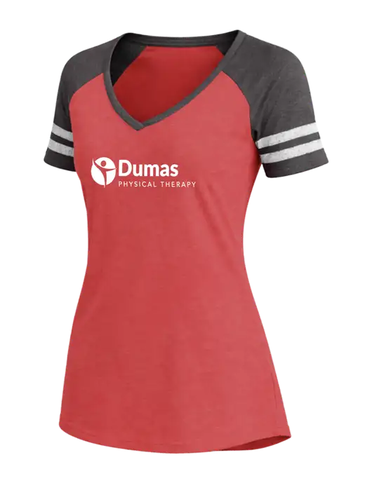 Womens Red Heather/Charcoal Heather V-Neck Game Tee w/Dumas Logo