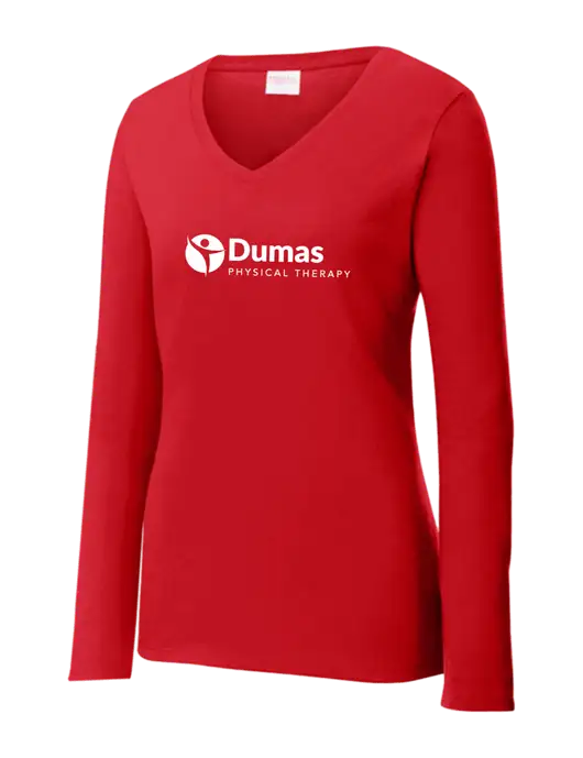 Womens  V-Neck Ring Spun Bright Red 4.5 oz Long Sleeve T-Shirt w/Dumas Logo