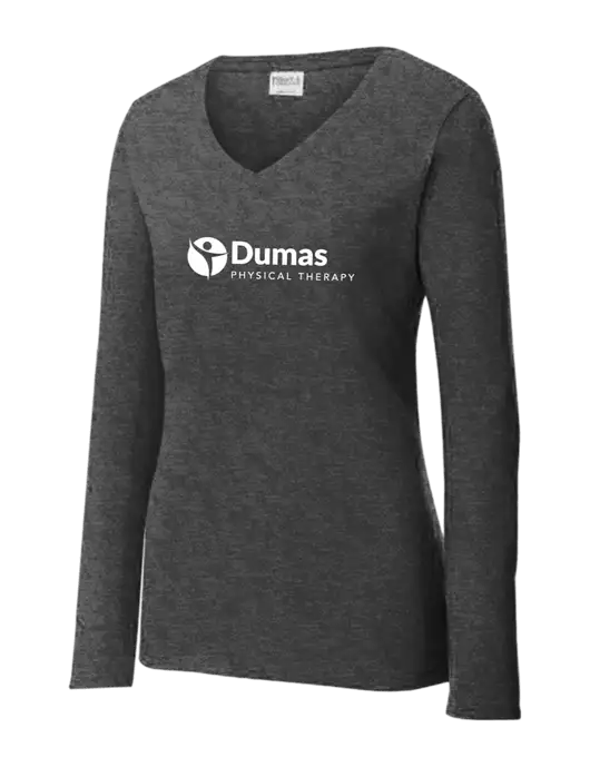 Womens  V-Neck Ring Spun Dark Heather Grey 4.5 oz Long Sleeve T-Shirt w/Dumas Logo
