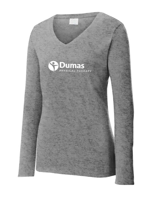 Womens  V-Neck Ring Spun Grey Heather 4.5 oz Long Sleeve T-Shirt w/Dumas Logo