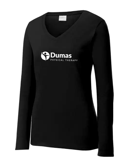 Womens V-Neck Ring Spun Jet Black 4.5 oz Long Sleeve T-Shirt w/Dumas Logo