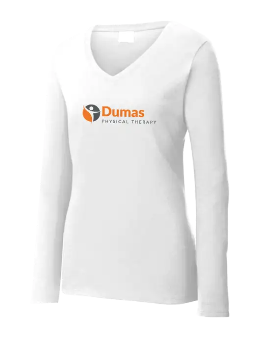 Womens  V-Neck Ring Spun White 4.5 oz Long Sleeve T-Shirt w/Dumas Logo